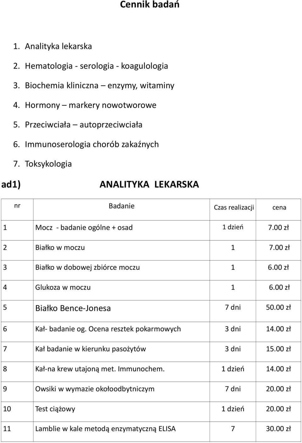 00 zł 3 Białko w dobowej zbiórce moczu 1 6.00 zł 4 Glukoza w moczu 1 6.00 zł 5 Białko Bence-Jonesa 7 dni 50.00 zł 6 Kał- badanie og. Ocena resztek pokarmowych 3 dni 14.