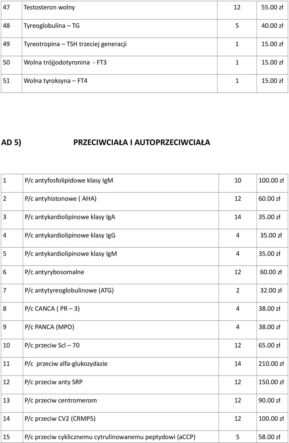 00 zł 4 P/c antykardiolipinowe klasy IgG 4 35.00 zł 5 P/c antykardiolipinowe klasy IgM 4 35.00 zł 6 P/c antyrybosomalne 12 60.00 zł 7 P/c antytyreoglobulinowe (ATG) 2 32.