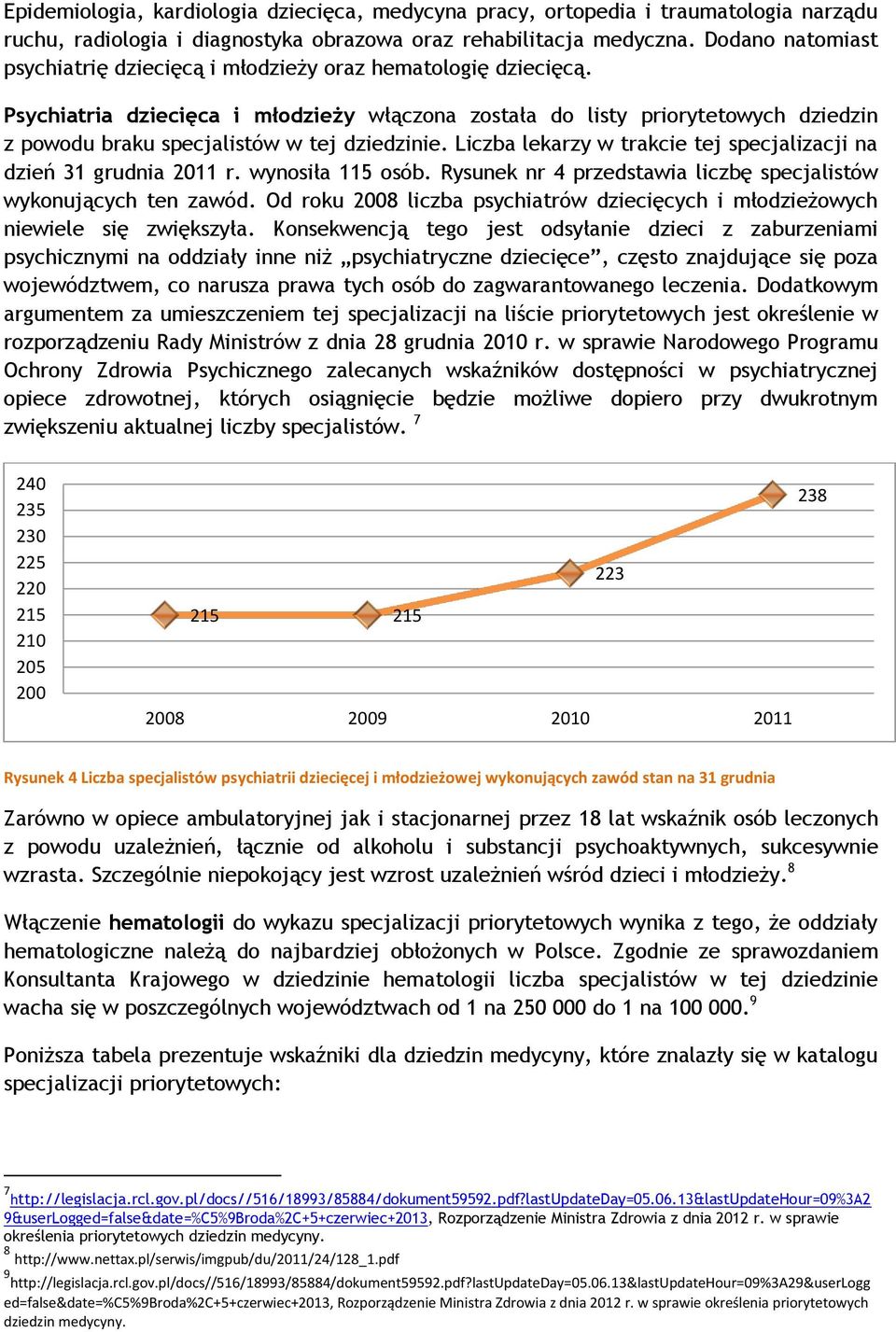 Psychiatria dziecięca i młodzieży włączona została do listy priorytetowych dziedzin z powodu braku specjalistów w tej dziedzinie. Liczba lekarzy w trakcie tej specjalizacji na dzień 31 grudnia 2011 r.