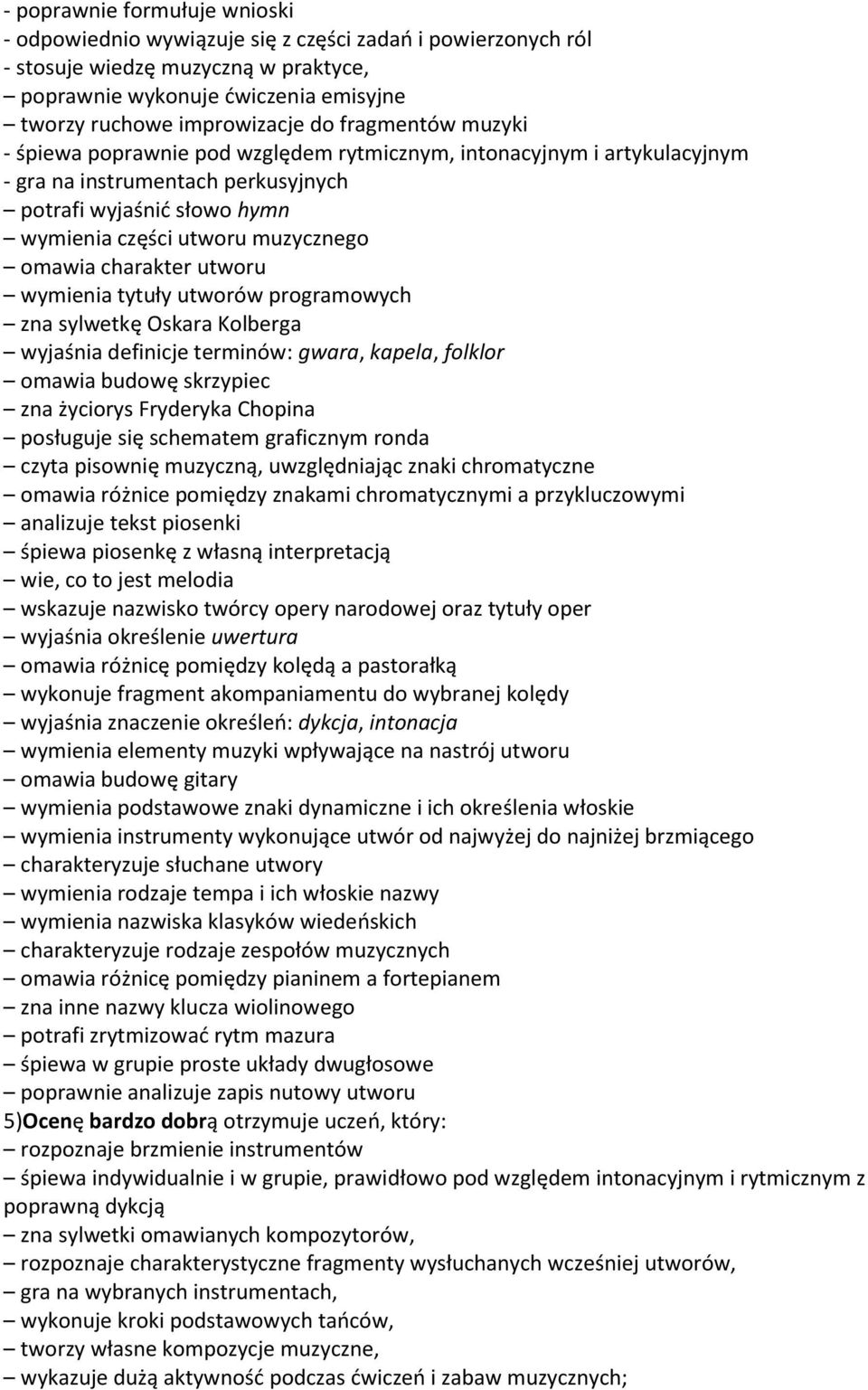 charakter utworu wymienia tytuły utworów programowych zna sylwetkę Oskara Kolberga wyjaśnia definicje terminów: gwara, kapela, folklor omawia budowę skrzypiec zna życiorys Fryderyka Chopina posługuje