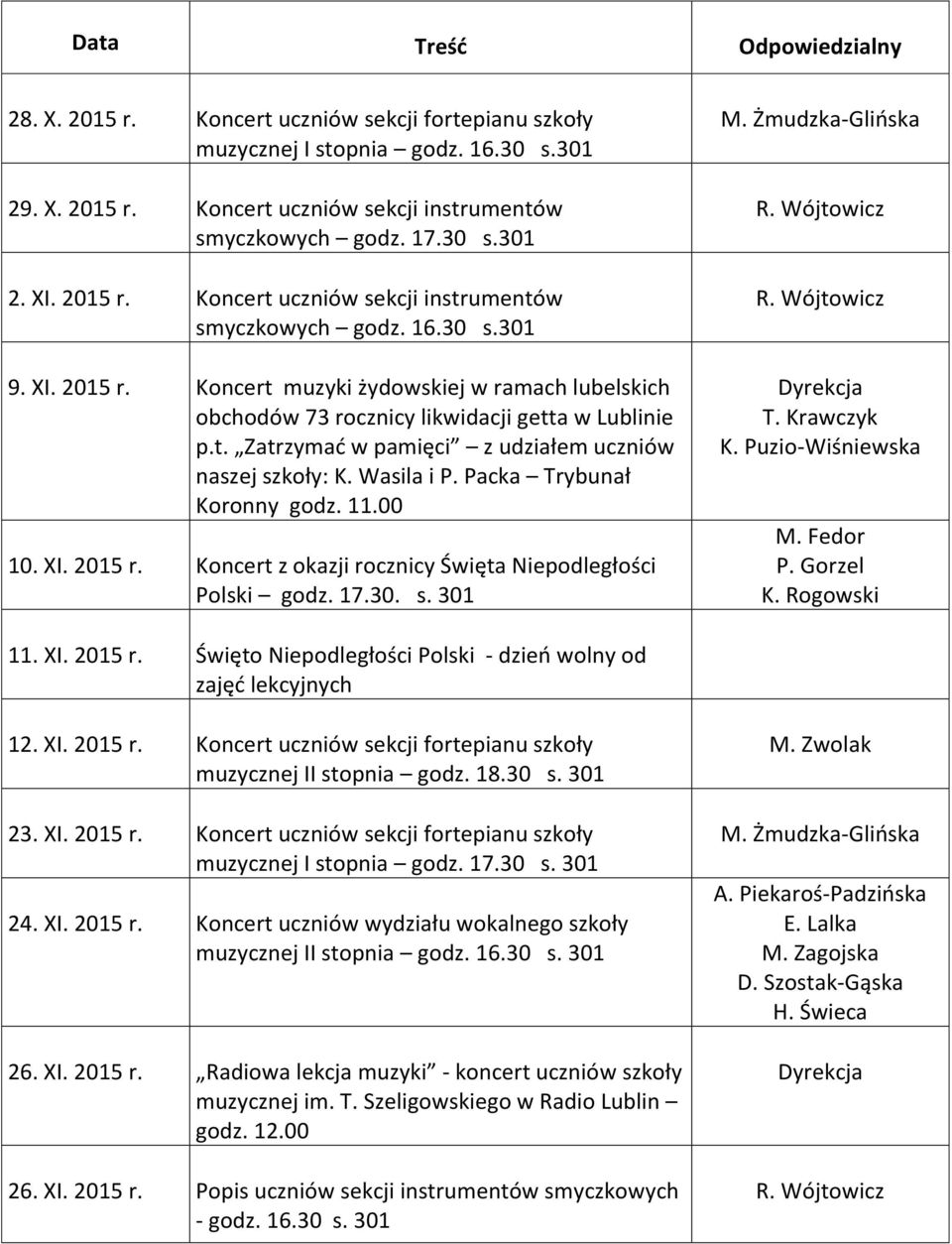 Packa Trybunał Koronny godz. 11.00 10. XI. 2015 r. Koncert z okazji rocznicy Święta Niepodległości Polski godz. 17.30. s. 301 T. Krawczyk K. Puzio-Wiśniewska M. Fedor P. Gorzel K. Rogowski 11. XI. 2015 r. Święto Niepodległości Polski - dzień wolny od zajęć lekcyjnych 12.