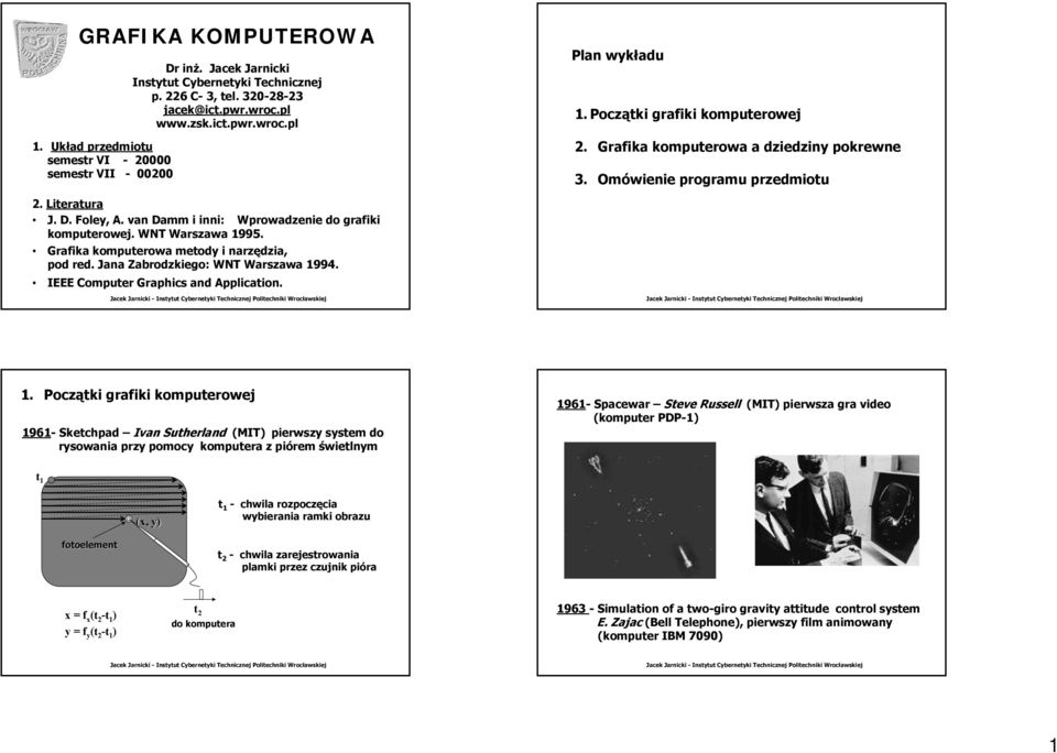 IEEE Computer Graphics and Application. Plan wykładu 1. Początki grafiki komputerowej 2. Grafika komputerowa a dziedziny pokrewne 3. Omówienie programu przedmiotu 1.