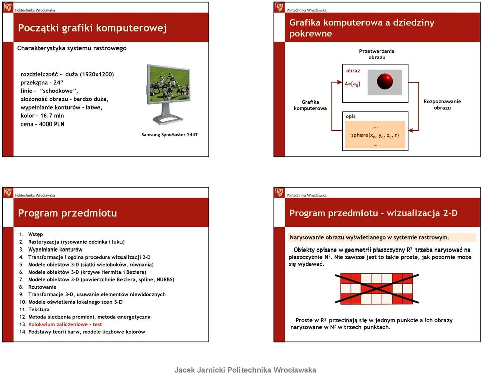 Rasteracja (rsowane odcnka łuku) 3. Wpełnane konturów 4. Transformacje ogólna procedura wualacj -D 5. Modele obektów 3-D (satk weloboków, równana) 6. Modele obektów 3-D (krwe Hermta Beera) 7.