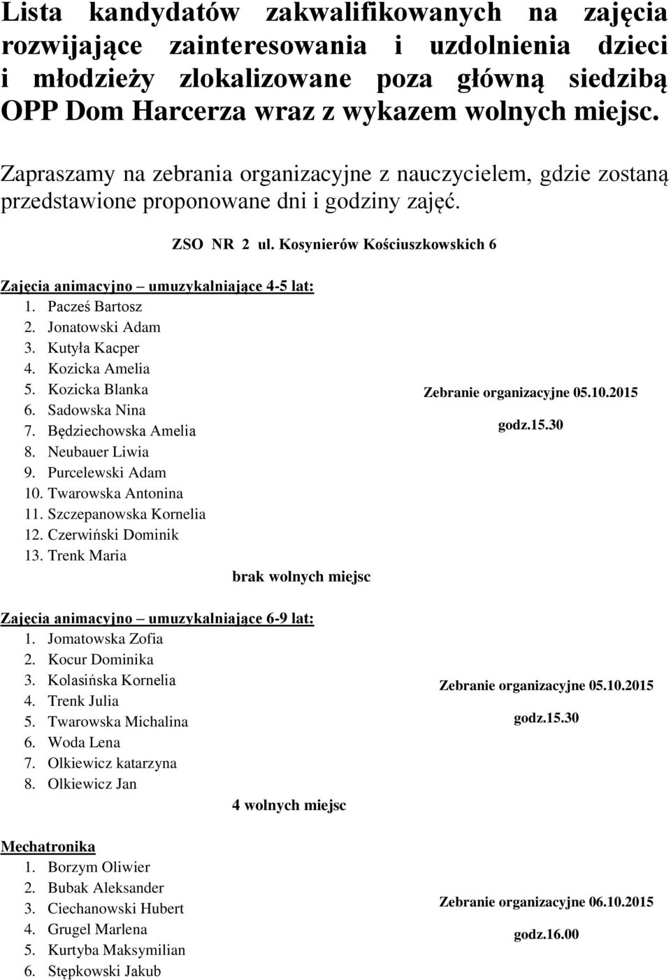 Kosynierów Kościuszkowskich 6 Zajęcia animacyjno umuzykalniające 4-5 lat: 1. Pacześ Bartosz 2. Jonatowski Adam 3. Kutyła Kacper 4. Kozicka Amelia 5. Kozicka Blanka 6. Sadowska Nina 7.