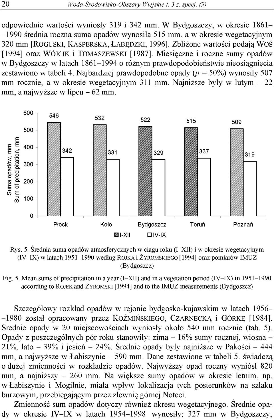 Zbliżone wartości podają WOŚ [1994] oraz WÓJCIK i TOMASZEWSKI [1987]. Miesięczne i roczne sumy opadów w Bydgoszczy w latach 1861 1994 o różnym prawdopodobieństwie nieosiągnięcia zestawiono w tabeli 4.