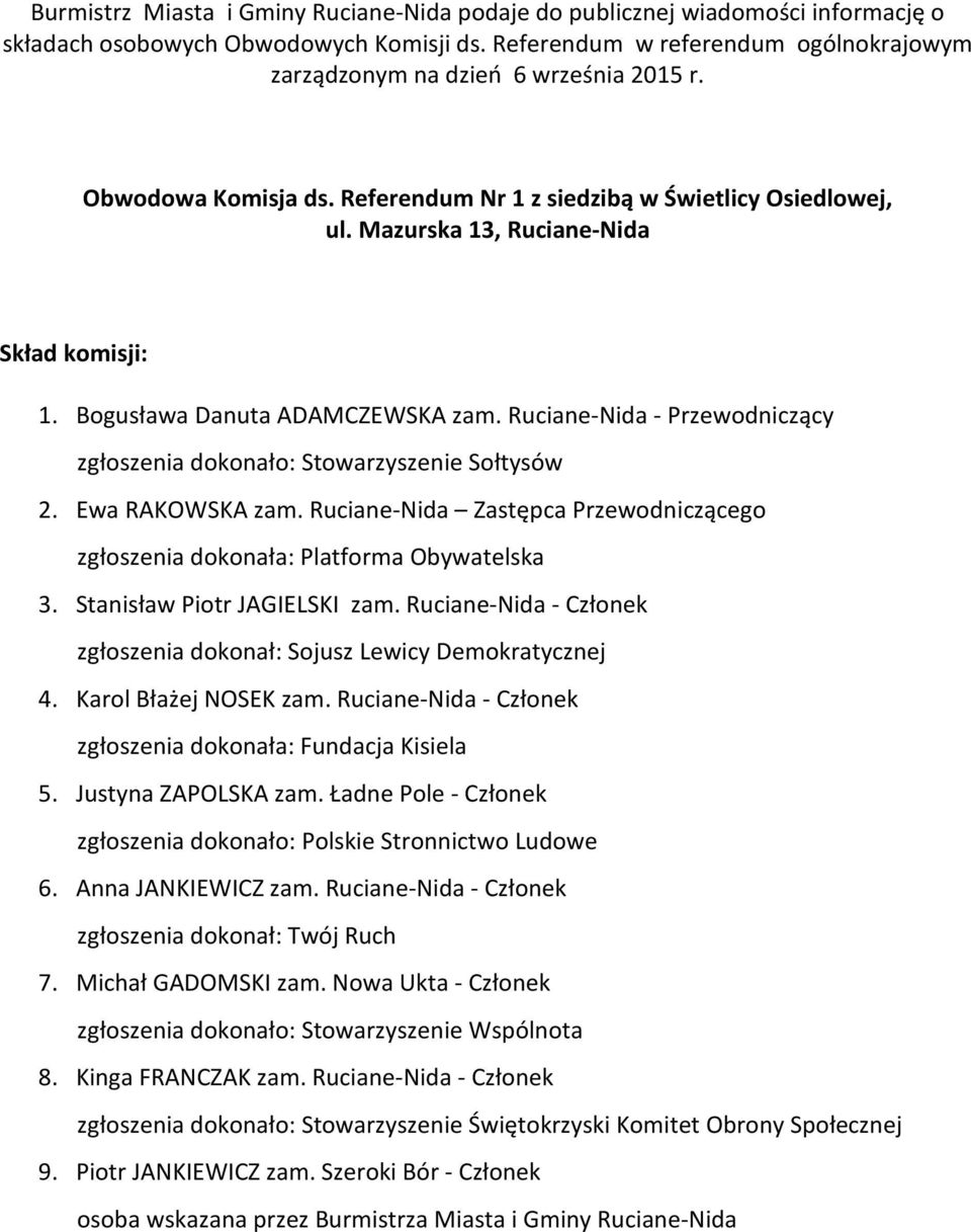 Bogusława Danuta ADAMCZEWSKA zam. Ruciane-Nida - Przewodniczący 2. Ewa RAKOWSKA zam. Ruciane-Nida Zastępca Przewodniczącego 3. Stanisław Piotr JAGIELSKI zam. Ruciane-Nida - Członek 4.