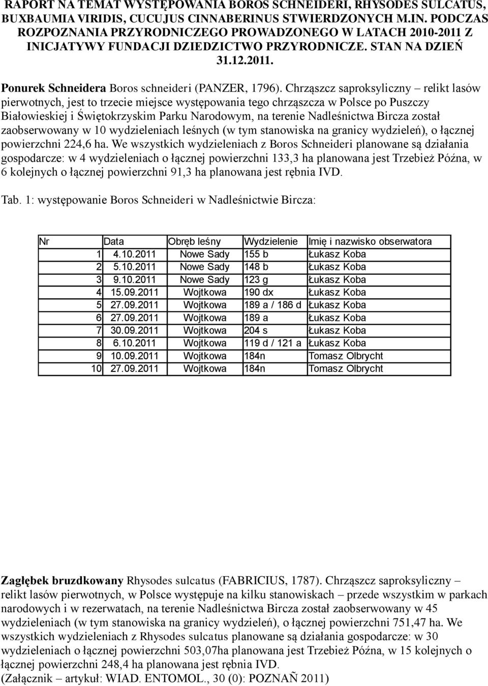 Chrząszcz saproksyliczny relikt lasów pierwotnych, jest to trzecie miejsce występowania tego chrząszcza w Polsce po Puszczy Białowieskiej i Świętokrzyskim Parku Narodowym, na terenie Nadleśnictwa