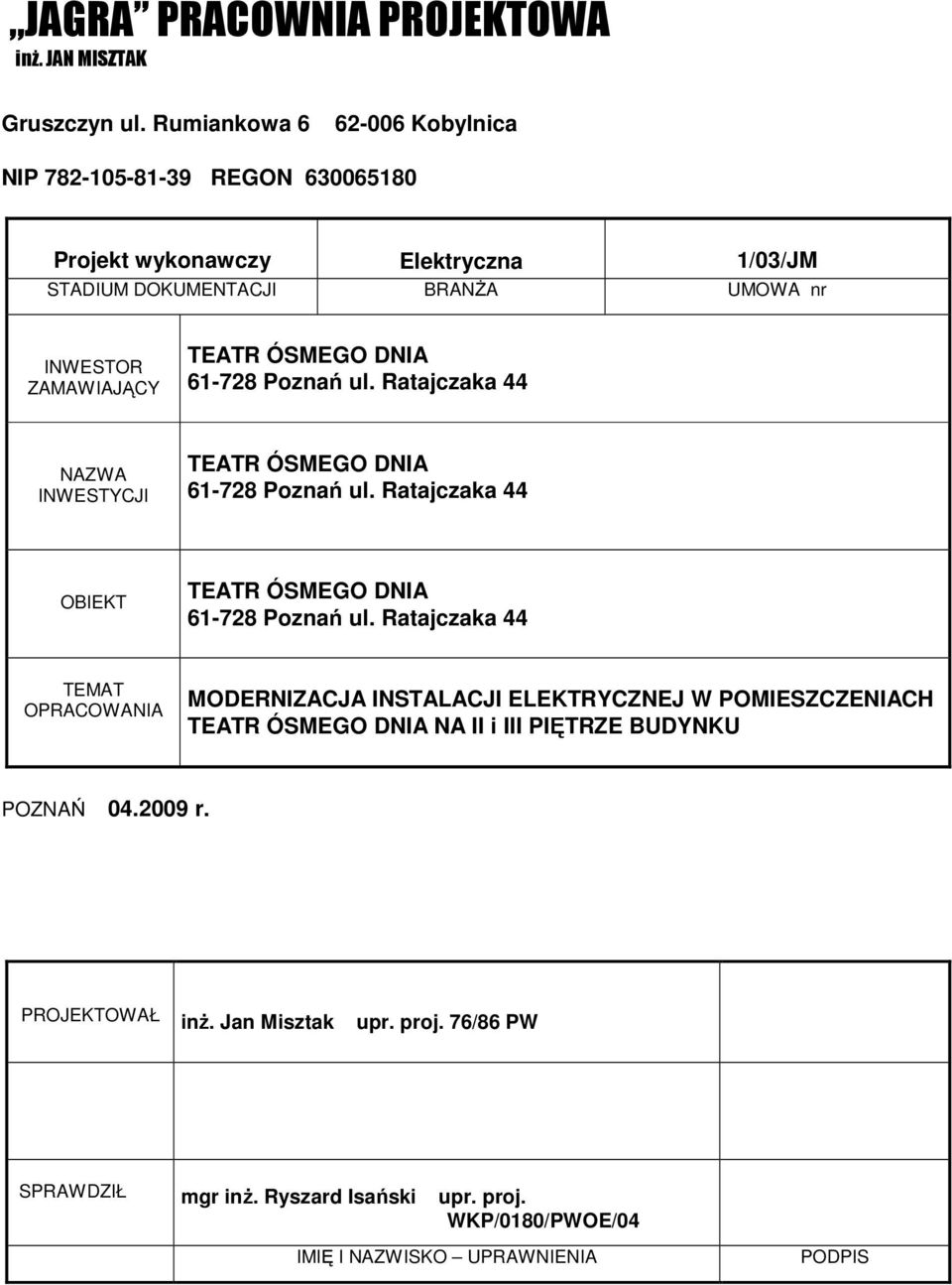 ÓSMEGO DNIA 61-728 Poznań ul. Ratajczaka 44 NAZWA INWESTYCJI TEATR ÓSMEGO DNIA 61-728 Poznań ul. Ratajczaka 44 OBIEKT TEATR ÓSMEGO DNIA 61-728 Poznań ul.