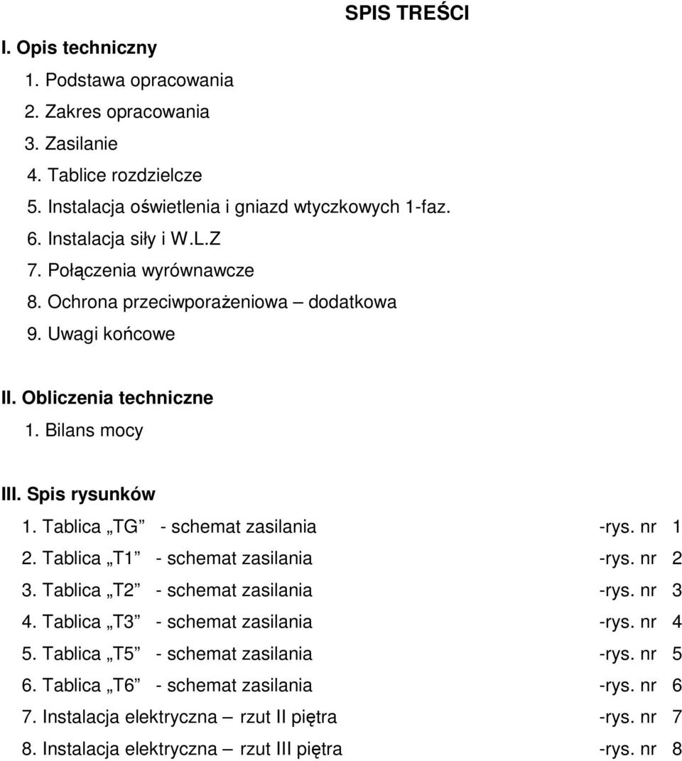 Spis rysunków Tablica TG - schemat zasilania -rys. nr 1 Tablica T1 - schemat zasilania -rys. nr 2 Tablica T2 - schemat zasilania -rys. nr 3 4.