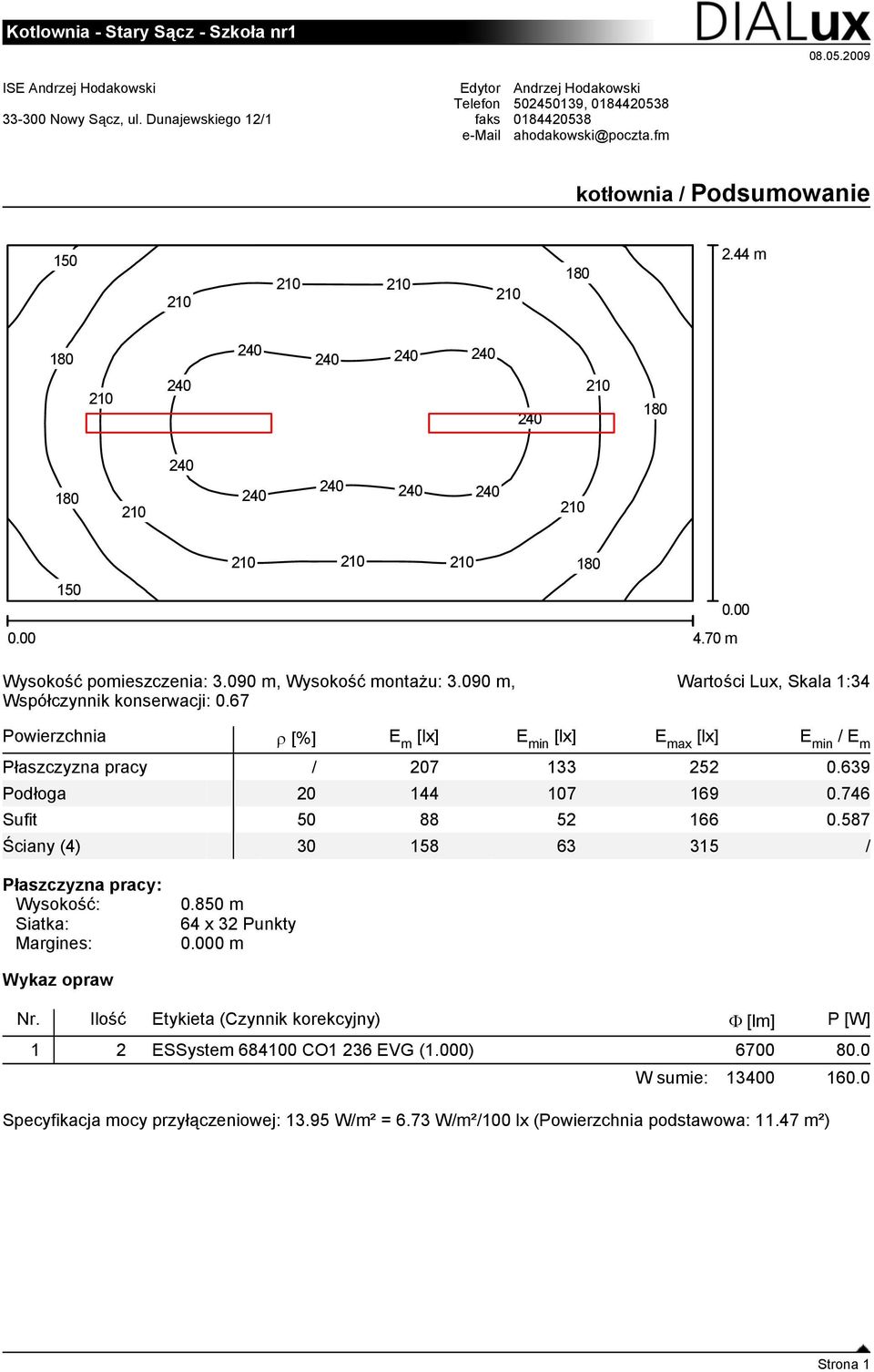 70 m Wysokość pomieszczenia: 3.090 m, Wysokość montażu: 3.090 m, Współczynnik konserwacji: 0.