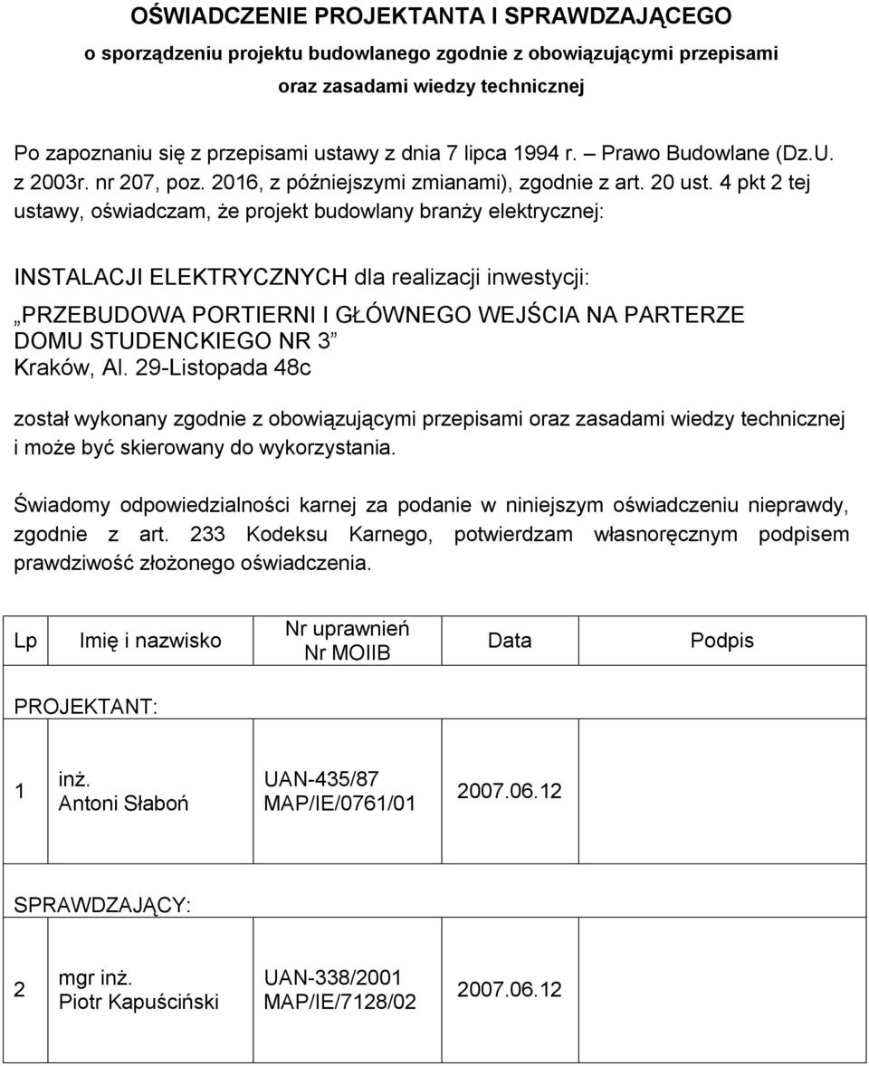 4 pkt 2 tej ustawy, oświadczam, że projekt budowlany branży elektrycznej: INSTALACJI ELEKTRYCZNYCH dla realizacji inwestycji: PRZEBUDOWA PORTIERNI I GŁÓWNEGO WEJŚCIA NA PARTERZE DOMU STUDENCKIEGO NR