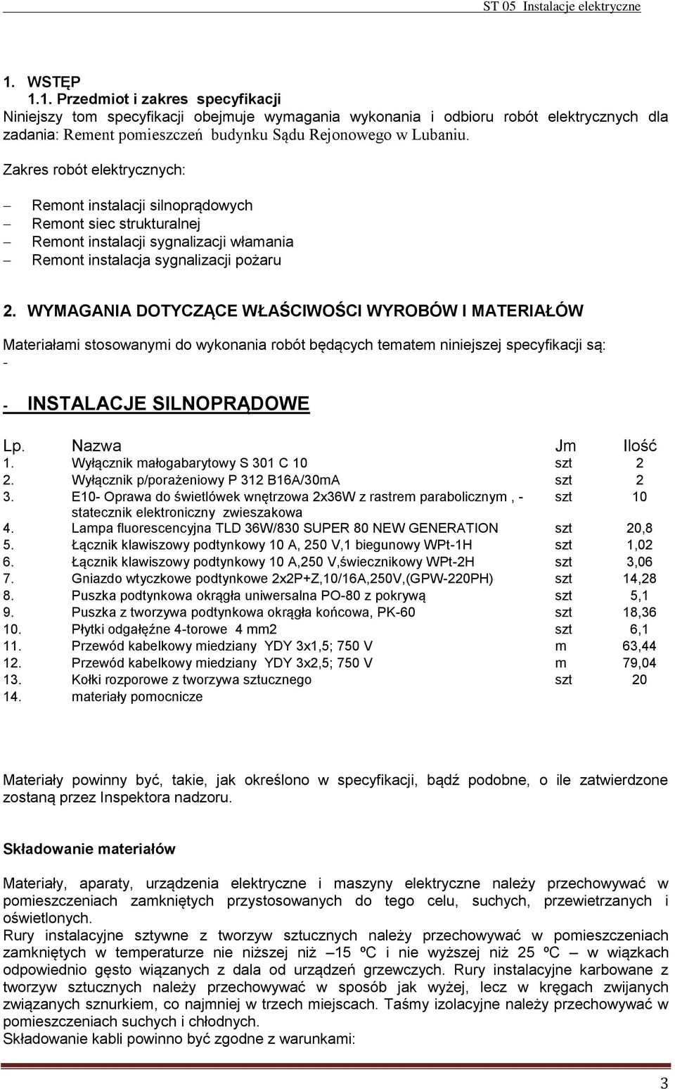 WYMAGANIA DOTYCZĄCE WŁAŚCIWOŚCI WYROBÓW I MATERIAŁÓW Materiałami stosowanymi do wykonania robót będących tematem niniejszej specyfikacji są: - - INSTALACJE SILNOPRĄDOWE Lp. Nazwa Jm Ilość 1.