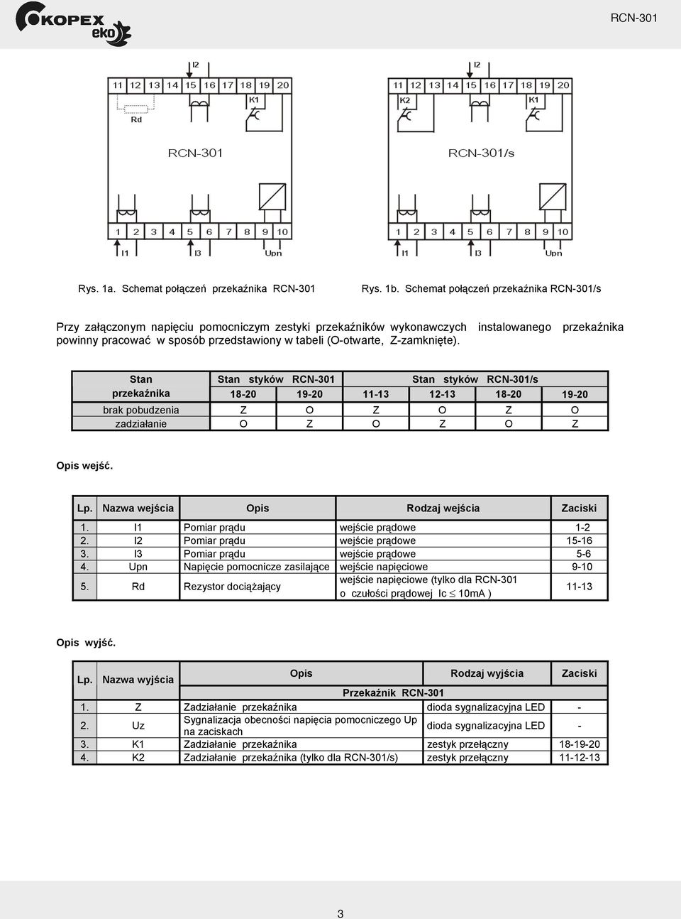 Z-zamknięte). Stan Stan styków Stan styków /s przekaźnika 18-20 19-20 11-13 12-13 18-20 19-20 brak pobudzenia Z O Z O Z O zadziałanie O Z O Z O Z Opis wejść. Lp.
