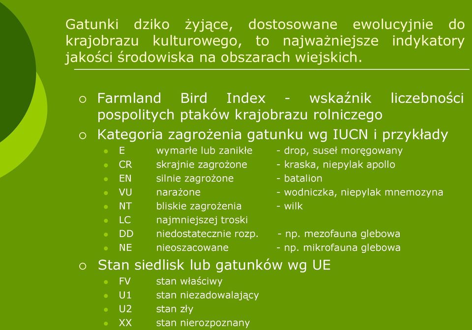 moręgowany CR skrajnie zagrożone - kraska, niepylak apollo EN silnie zagrożone - batalion VU narażone - wodniczka, niepylak mnemozyna NT bliskie zagrożenia - wilk LC