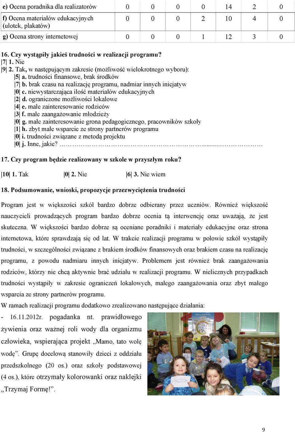 brak czasu na realizację programu, nadmiar innych inicjatyw 0 c. niewystarczająca ilość materiałów edukacyjnych 2 d. ograniczone możliwości lokalowe 4 e. małe zainteresowanie rodziców 3 f.