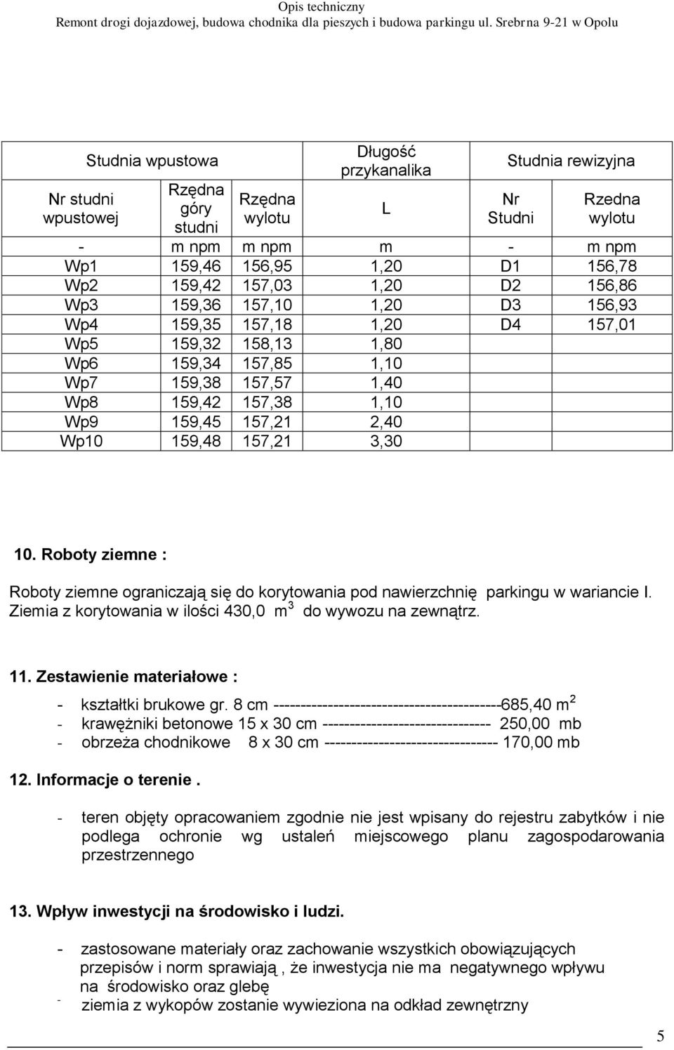 157,21 2,40 Wp10 159,48 157,21 3,30 10. Roboty ziemne : Roboty ziemne ograniczają się do korytowania pod nawierzchnię parkingu w wariancie I.