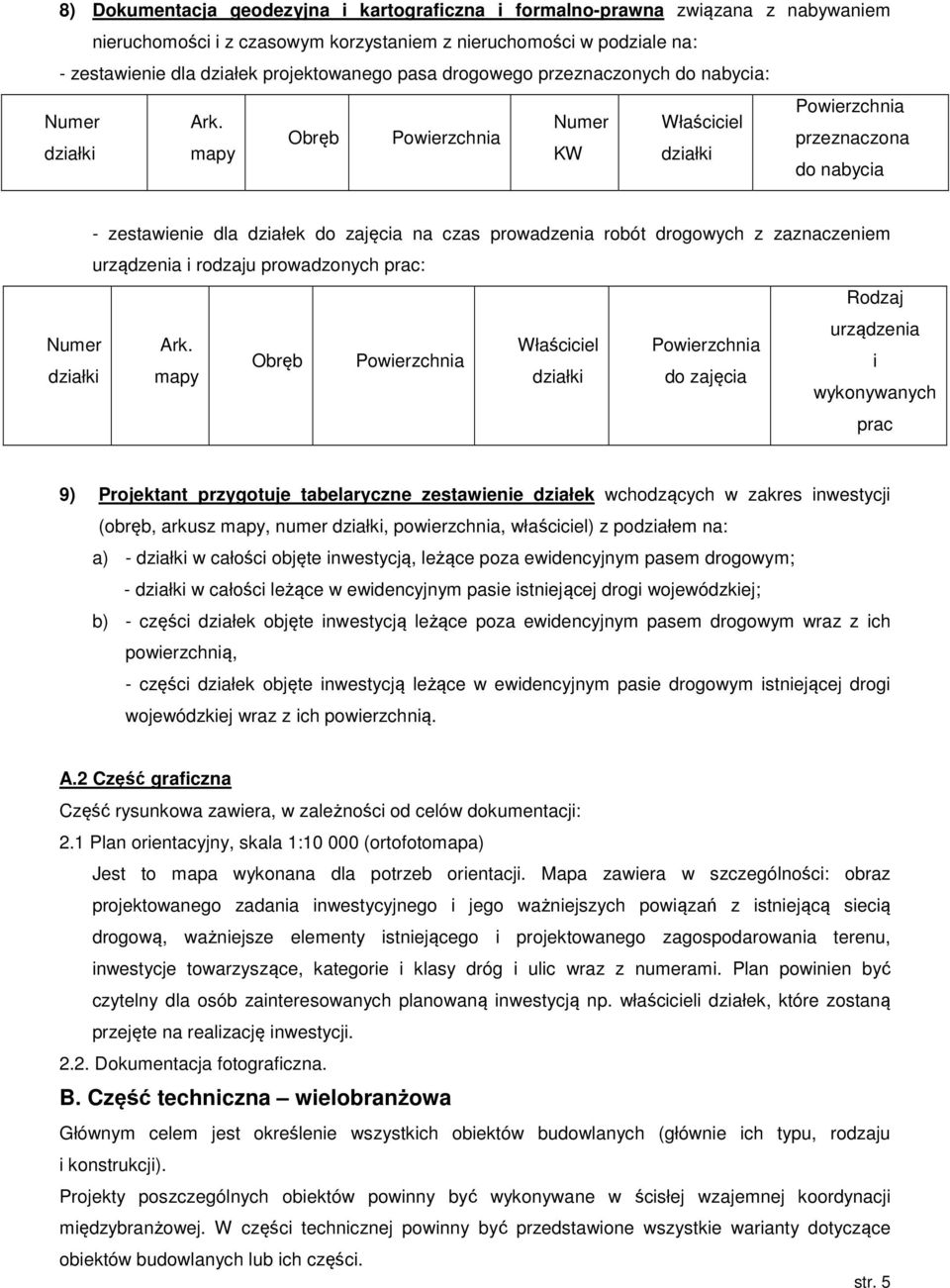 Numer Właściciel Obręb Powierzchnia przeznaczona działki mapy KW działki do nabycia - zestawienie dla działek do zajęcia na czas prowadzenia robót drogowych z zaznaczeniem urządzenia i rodzaju