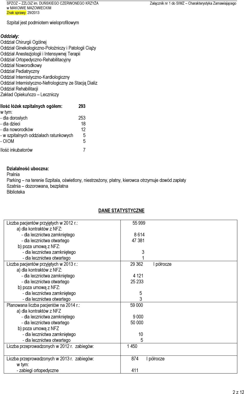 Opiekuńczo Leczniczy Ilość łóżek szpitalnych ogółem: 293 w tym: - dla dorosłych 253 - dla dzieci 18 - dla noworodków 12 - w szpitalnych oddziałach ratunkowych 5 - OIOM 5 Ilość inkubatorów 7