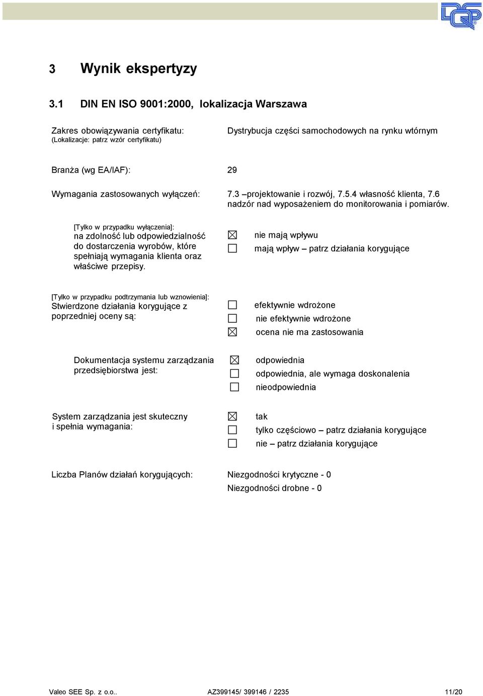 zastosowanych wyłączeń: 7.3 pojektowanie i ozwój, 7.5.4 własność klienta, 7.6 nadzó nad wyposażeniem do monitoowania i pomiaów.