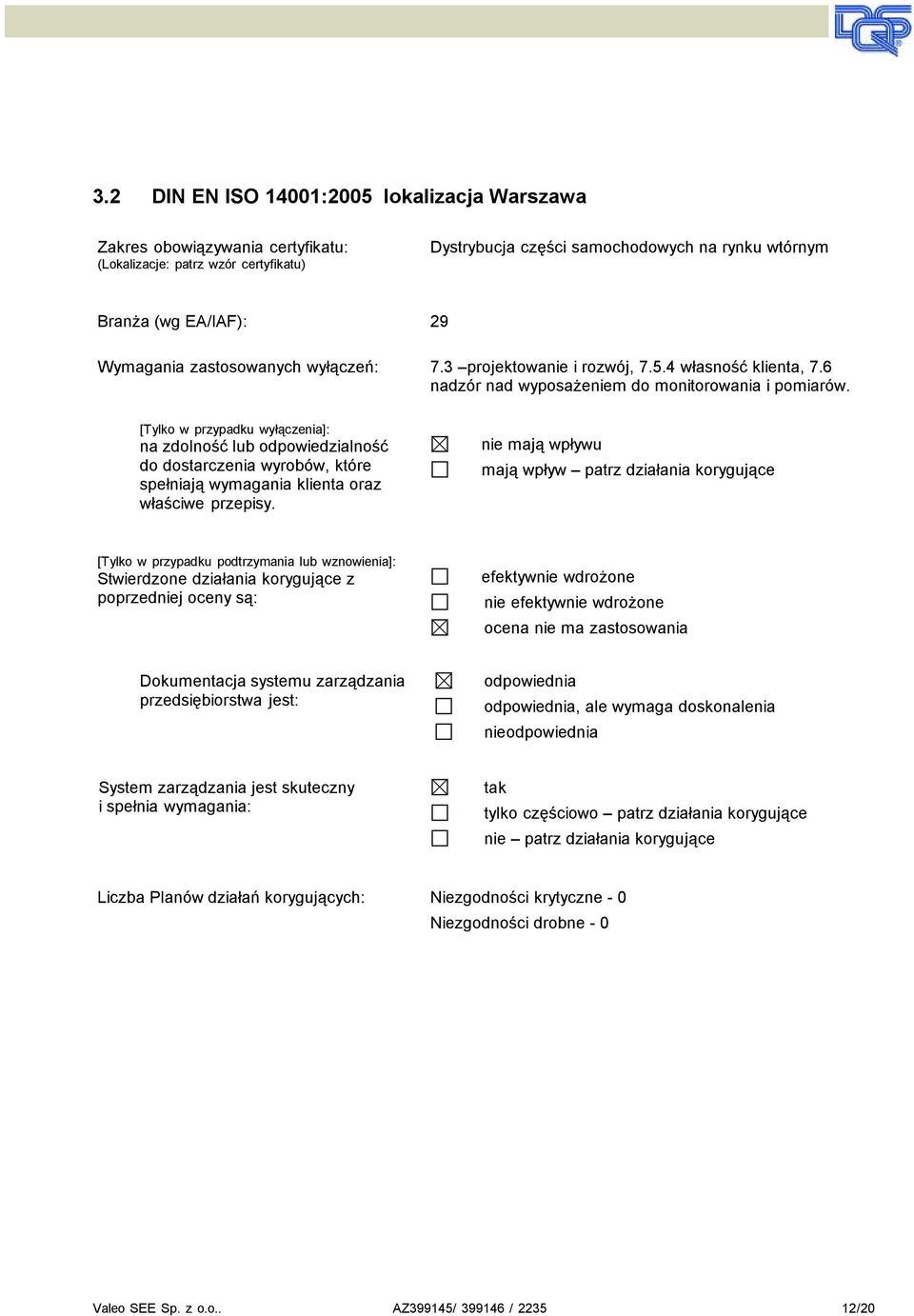 [Tylko w pzypadku wyłączenia]: na zdolność lub odpowiedzialność do dostaczenia wyobów, któe spełniają wymagania klienta oaz właściwe pzepisy.