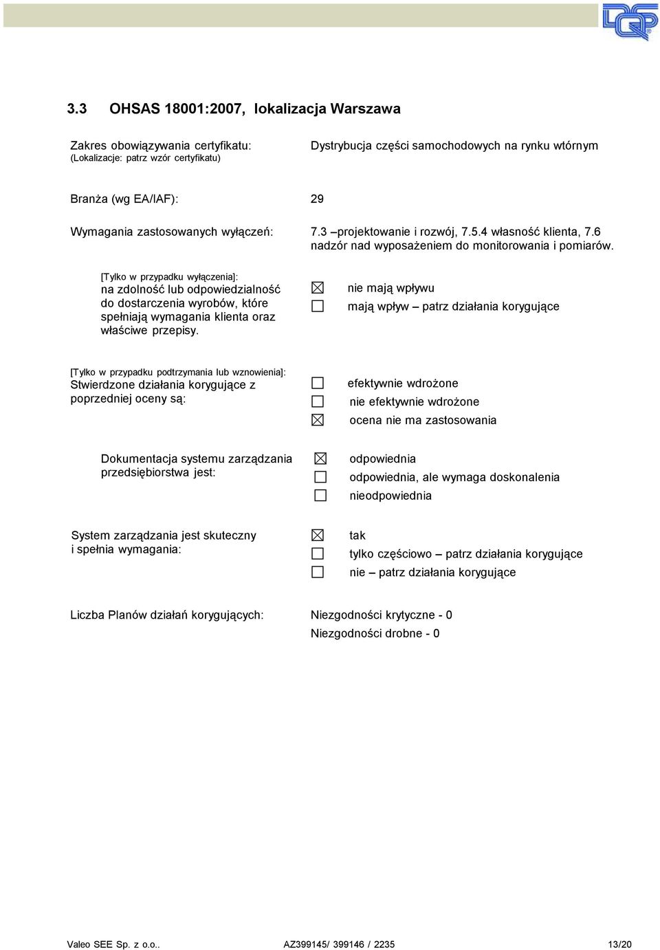 [Tylko w pzypadku wyłączenia]: na zdolność lub odpowiedzialność do dostaczenia wyobów, któe spełniają wymagania klienta oaz właściwe pzepisy.