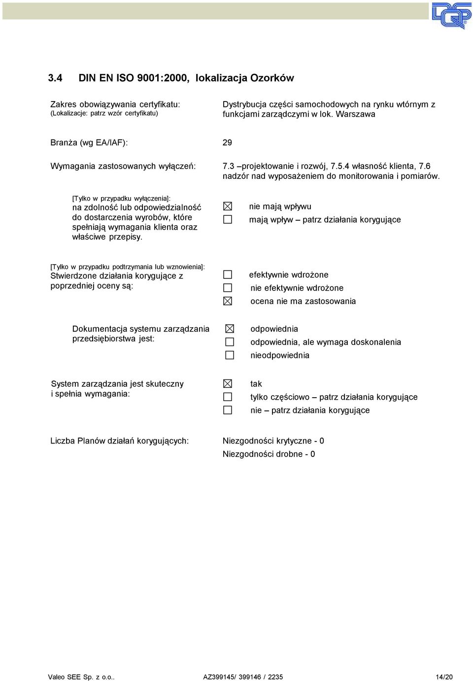 [Tylko w pzypadku wyłączenia]: na zdolność lub odpowiedzialność do dostaczenia wyobów, któe spełniają wymagania klienta oaz właściwe pzepisy.
