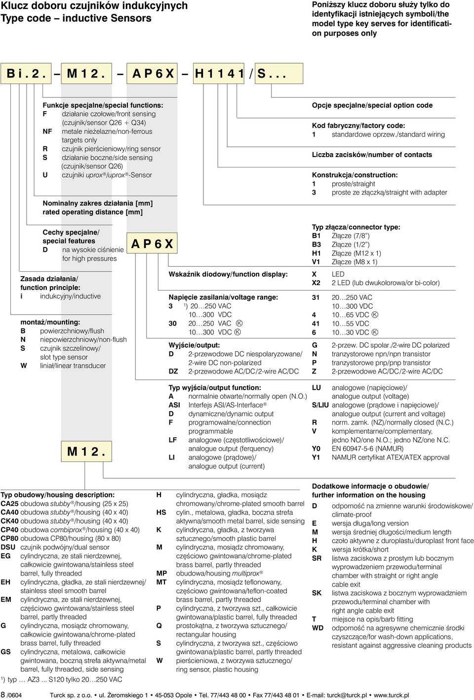 .. Funkcje specjalne/special functions: F działanie czołowe/front sensing (czujnik/sensor Q26 + Q34) NF metale nieżelazne/non-ferrous targets only R czujnik pierścieniowy/ring sensor S działanie