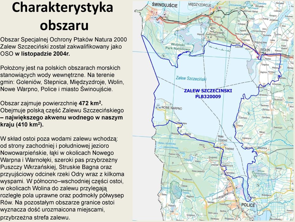 Obszar zajmuje powierzchnię 472 km 2. Obejmuje polską część Zalewu Szczecińskiego największego akwenu wodnego w naszym kraju (410 km 2 ).