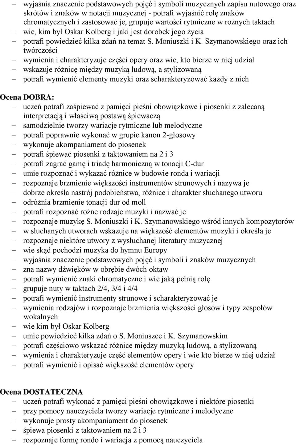 Szymanowskiego oraz ich twórczości wymienia i charakteryzuje części opery oraz wie, kto bierze w niej udział wskazuje różnicę między muzyką ludową, a stylizowaną potrafi wymienić elementy muzyki oraz