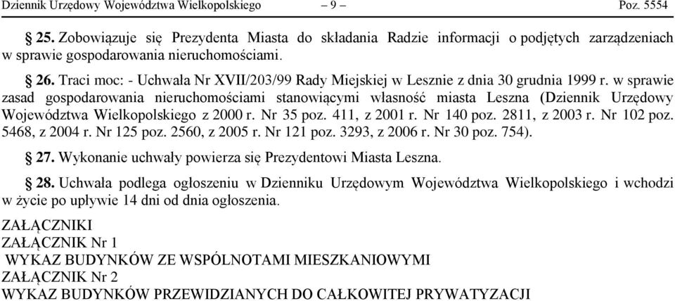 w sprawie zasad gospodarowania nieruchomościami stanowiącymi własność miasta Leszna (Dziennik Urzędowy Województwa Wielkopolskiego z 2000 r. Nr 35 poz. 411, z 2001 r. Nr 140 poz. 2811, z 2003 r.