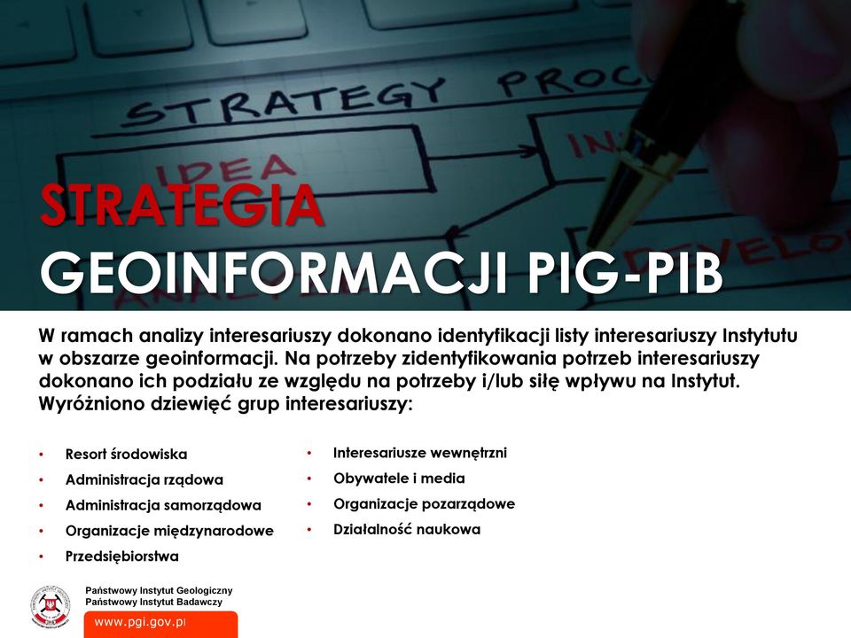 Na potrzeby zidentyfikowania potrzeb interesariuszy dokonano ich podziału ze względu na potrzeby i/lub siłę wpływu na Instytut.