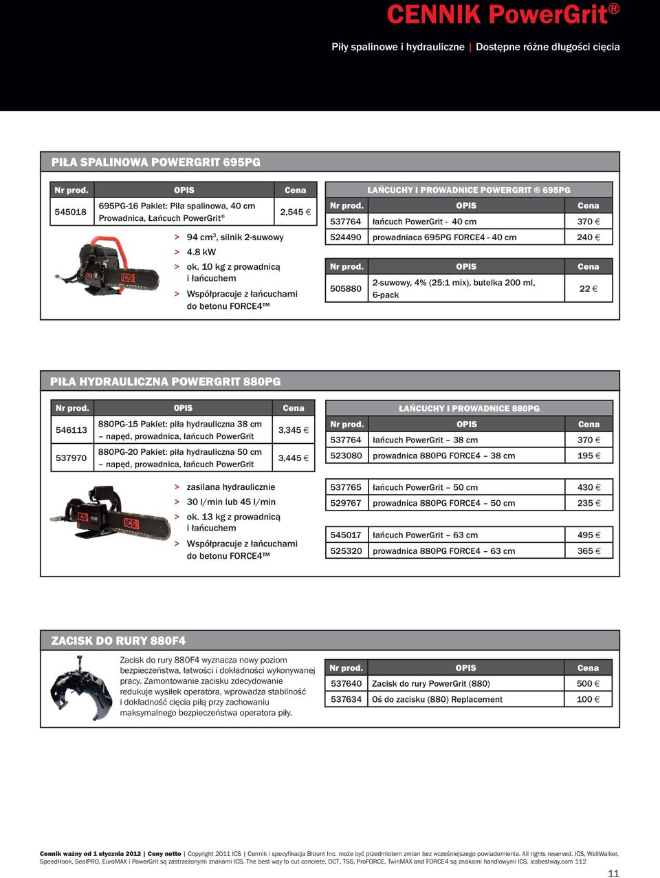 10 kg z prowadnicą i łańcuchem > Współpracuje z łańcuchami do betonu FORCE4 ŁAŃCUCHY I PROWADNICE POWERGRIT 695PG 537764 łańcuch PowerGrit - 40 cm 370 524490 prowadniaca 695PG FORCE4-40 cm 240 505880