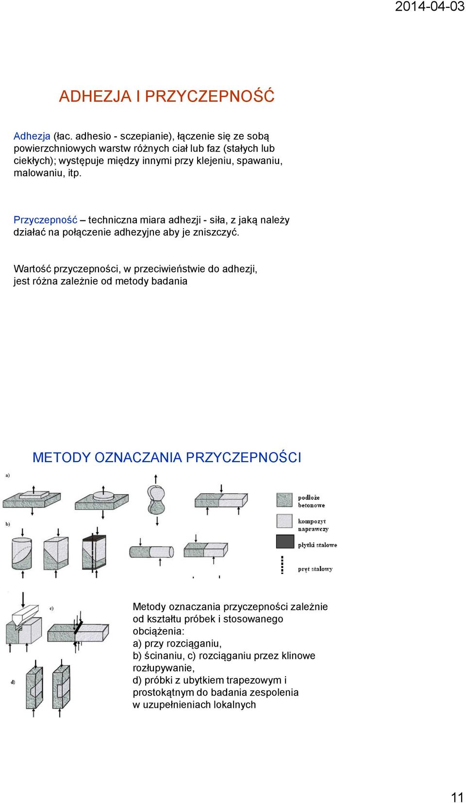 Przyczepność techniczna miara adhezji - siła, z jaką należy działać na połączenie adhezyjne aby je zniszczyć.