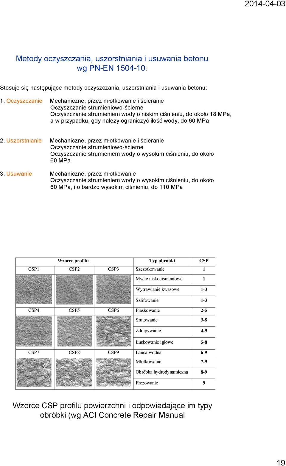 wody, do 60 MPa 2. Uszorstnianie Mechaniczne, przez młotkowanie i ścieranie Oczyszczanie strumieniowo-ścierne Oczyszczanie strumieniem wody o wysokim ciśnieniu, do około 60 MPa 3.