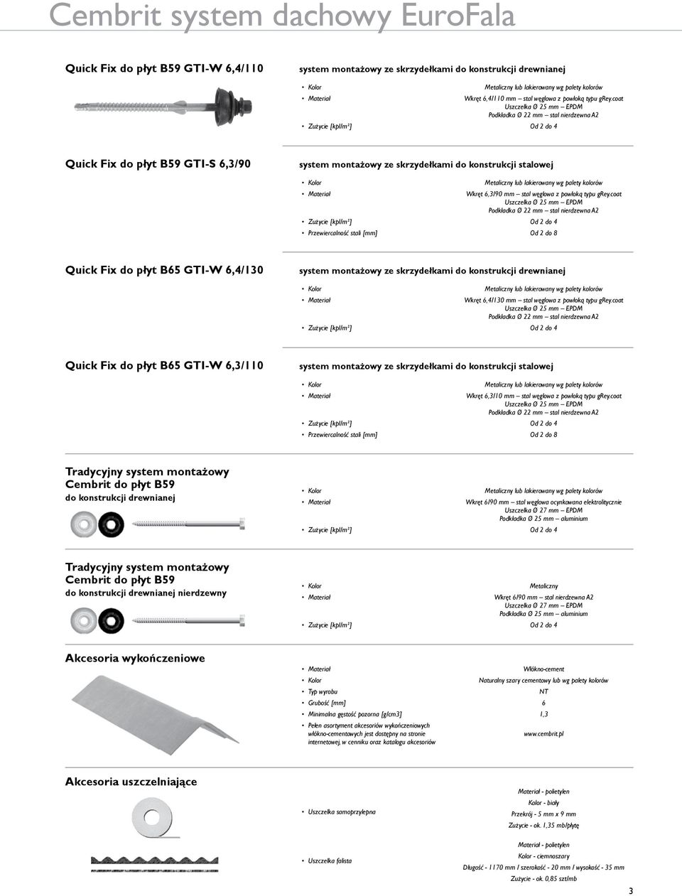 coat Uszczelka Ø 25 mm EPDM Podkładka Ø 22 mm stal nierdzewna A2 Zużycie [kpl/m²] Od 2 do 4 Quick Fix do płyt B59 GTI-S 6,3/90 system montażowy ze skrzydełkami do konstrukcji stalowej Kolor