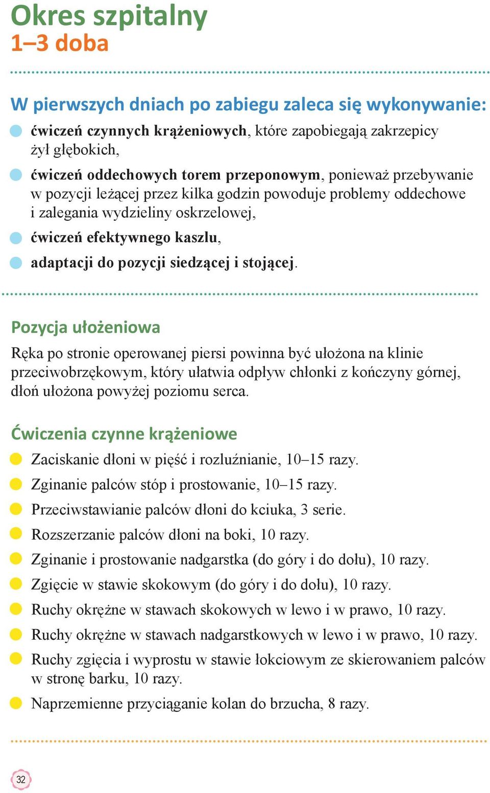 Pozycja ułożeniowa Ręka po stronie operowanej piersi powinna być ułożona na klinie przeciwobrzękowym, który ułatwia odpływ chłonki z kończyny górnej, dłoń ułożona powyżej poziomu serca.