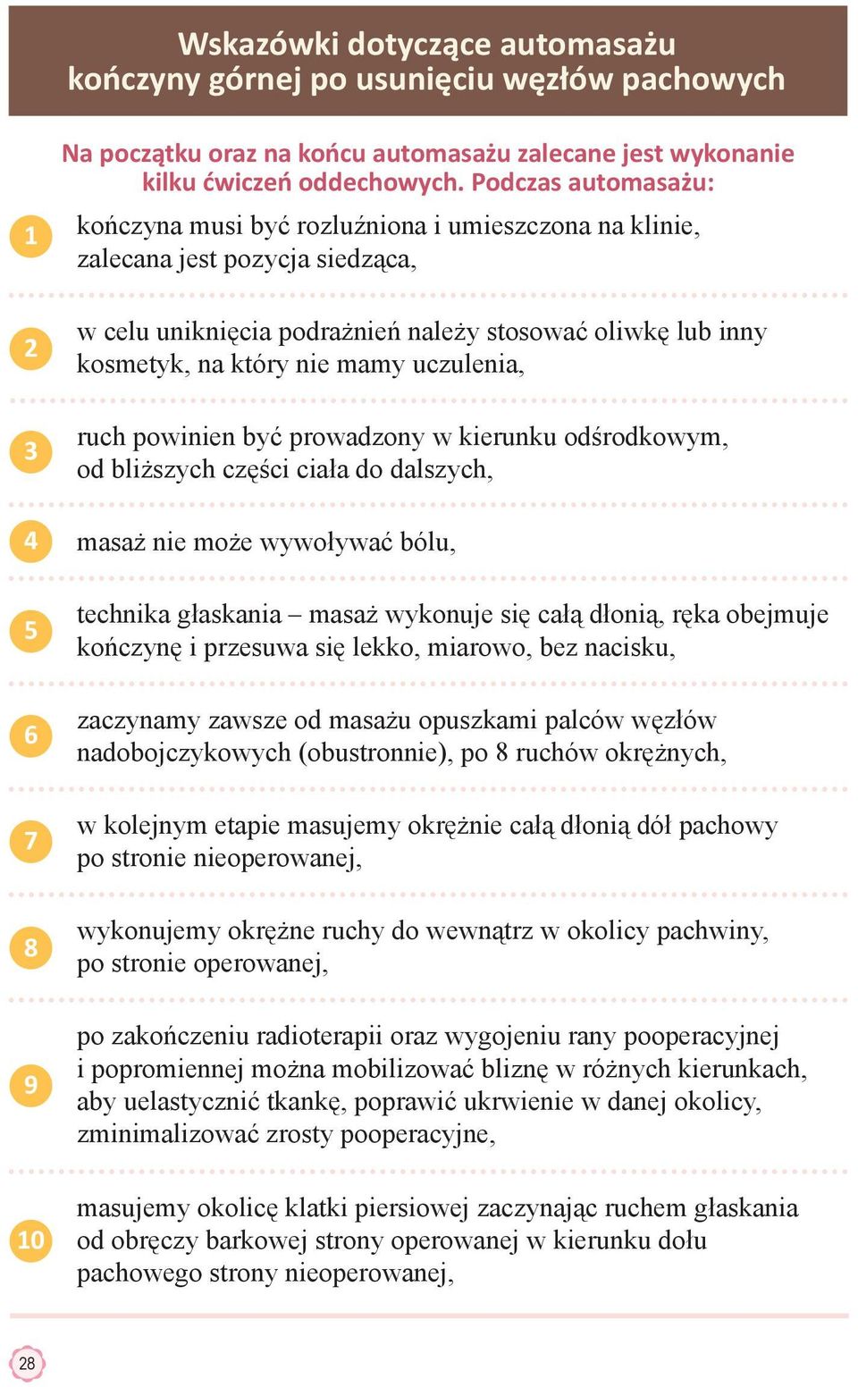 uczulenia, ruch powinien być prowadzony w kierunku odśrodkowym, od bliższych części ciała do dalszych, masaż nie może wywoływać bólu, technika głaskania masaż wykonuje się całą dłonią, ręka obejmuje