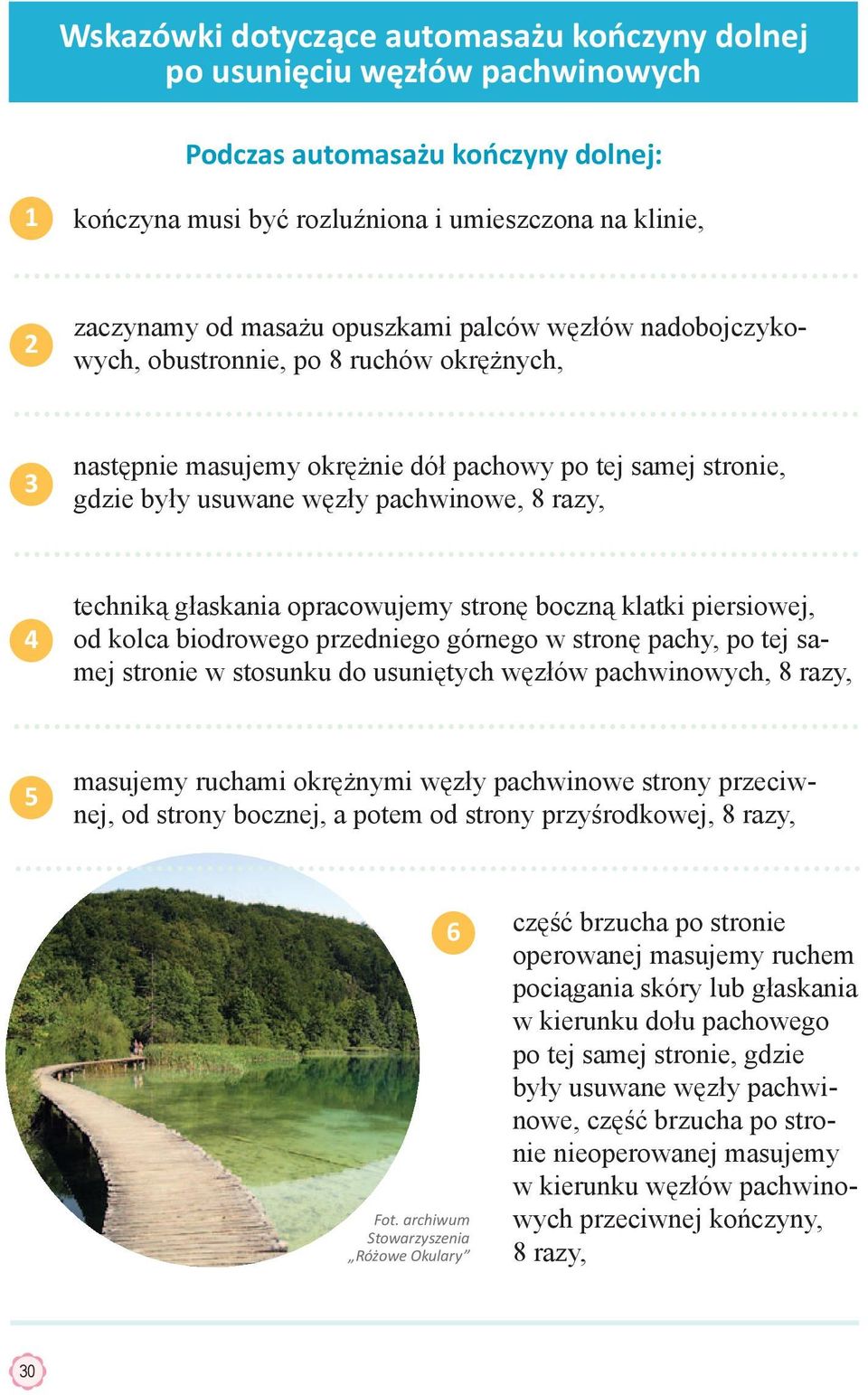 głaskania opracowujemy stronę boczną klatki piersiowej, od kolca biodrowego przedniego górnego w stronę pachy, po tej samej stronie w stosunku do usuniętych węzłów pachwinowych, 8 razy, 5 masujemy