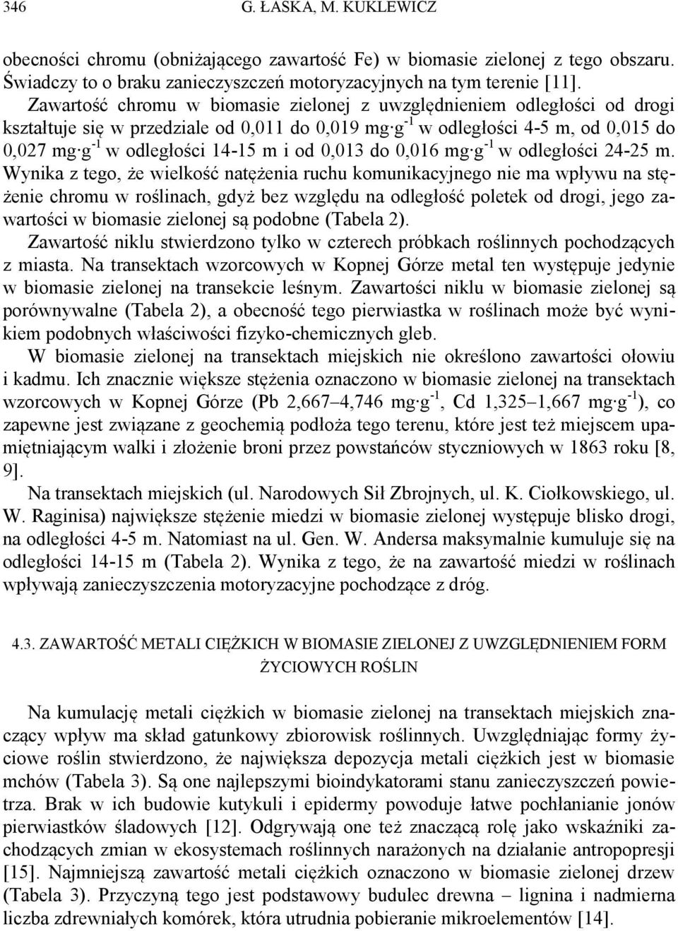 0,013 do 0,016 mg g -1 w odległości 24-25 m.
