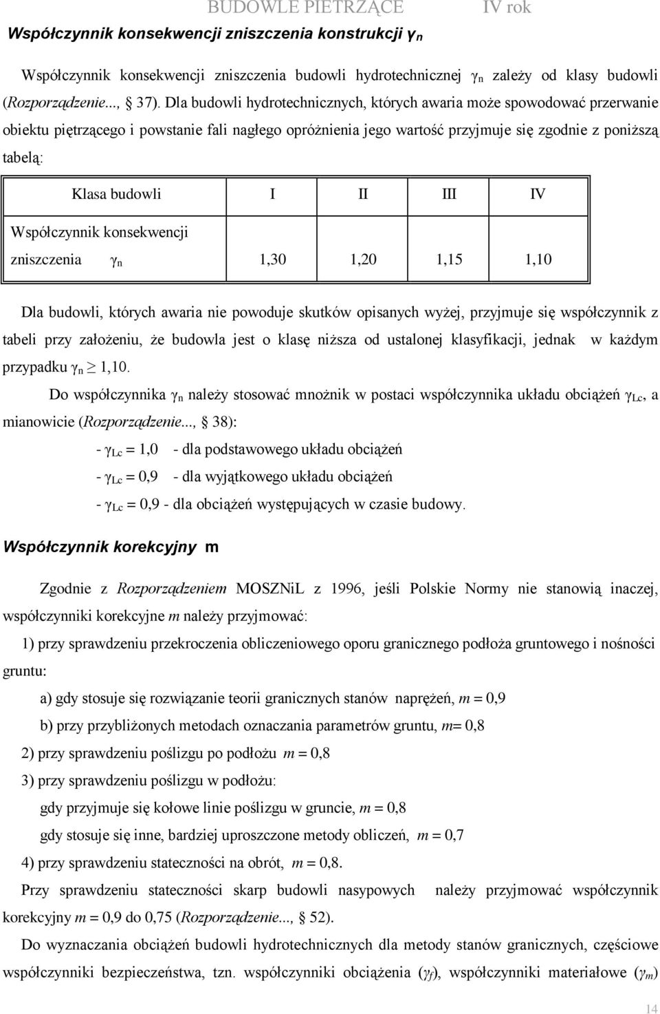 II III IV Współczynnik konsekwencji zniszczenia γ n 1,30 1,20 1,15 1,10 Dla budowli, których awaria nie powoduje skutków opisanych wyŝej, przyjmuje się współczynnik z tabeli przy załoŝeniu, Ŝe