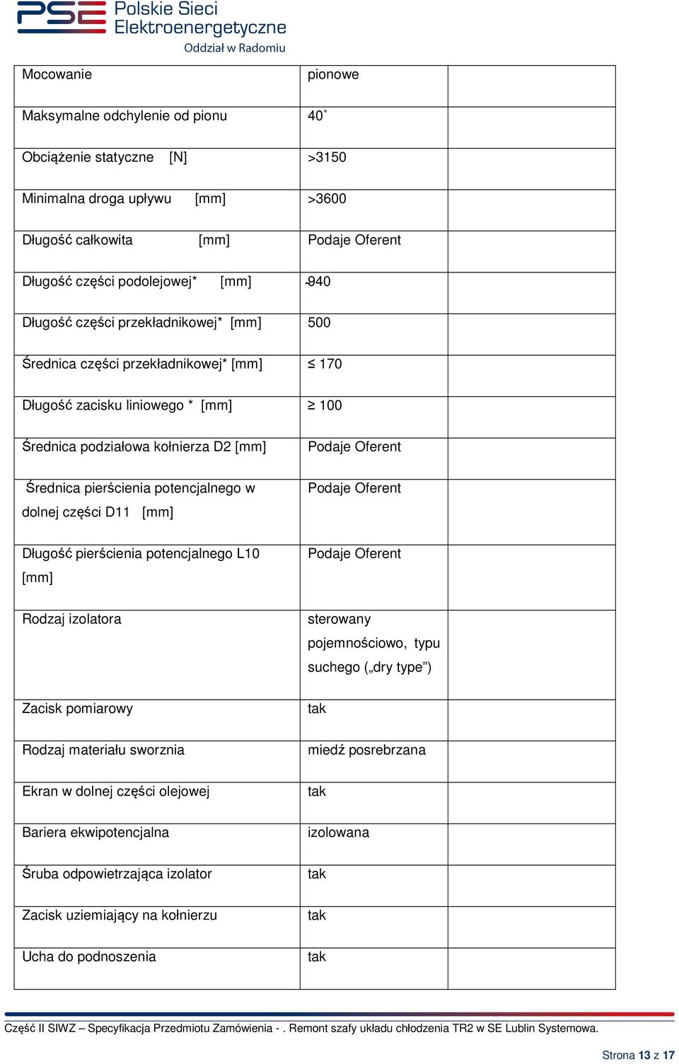 potencjalnego w dolnej części D11 [mm] Podaje Oferent Długość pierścienia potencjalnego L10 [mm] Podaje Oferent Rodzaj izolatora sterowany pojemnościowo, typu suchego ( dry type ) Zacisk pomiarowy