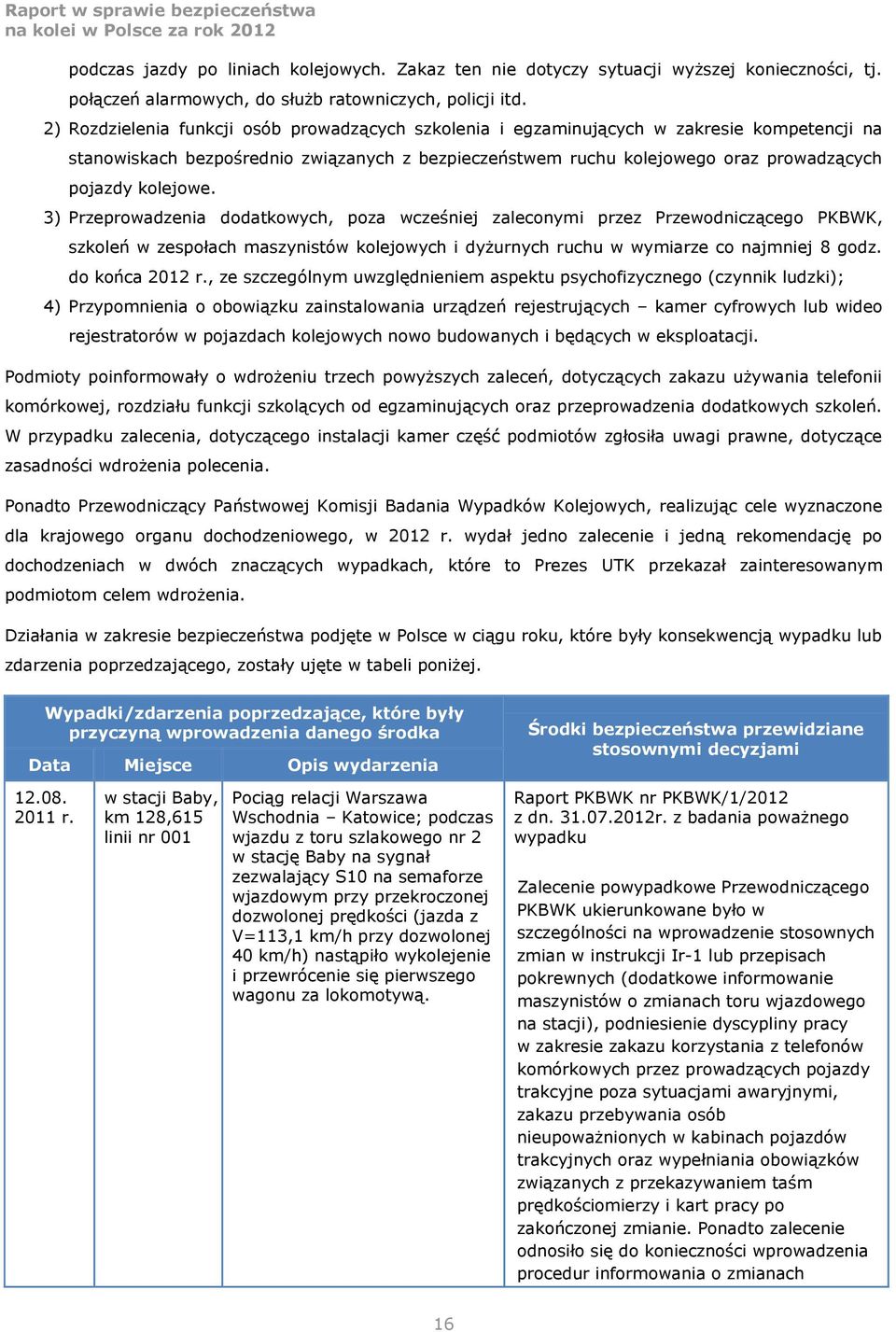 kolejowe. 3) Przeprowadzenia dodatkowych, poza wcześniej zaleconymi przez Przewodniczącego PKBWK, szkoleń w zespołach maszynistów kolejowych i dyżurnych ruchu w wymiarze co najmniej 8 godz.