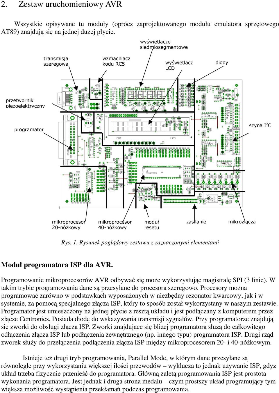 moduł resetu zasilanie mikrozłącza Rys. 1. Rysunek poglądowy zestawu z zaznaczonymi elementami Moduł programatora ISP dla AVR.
