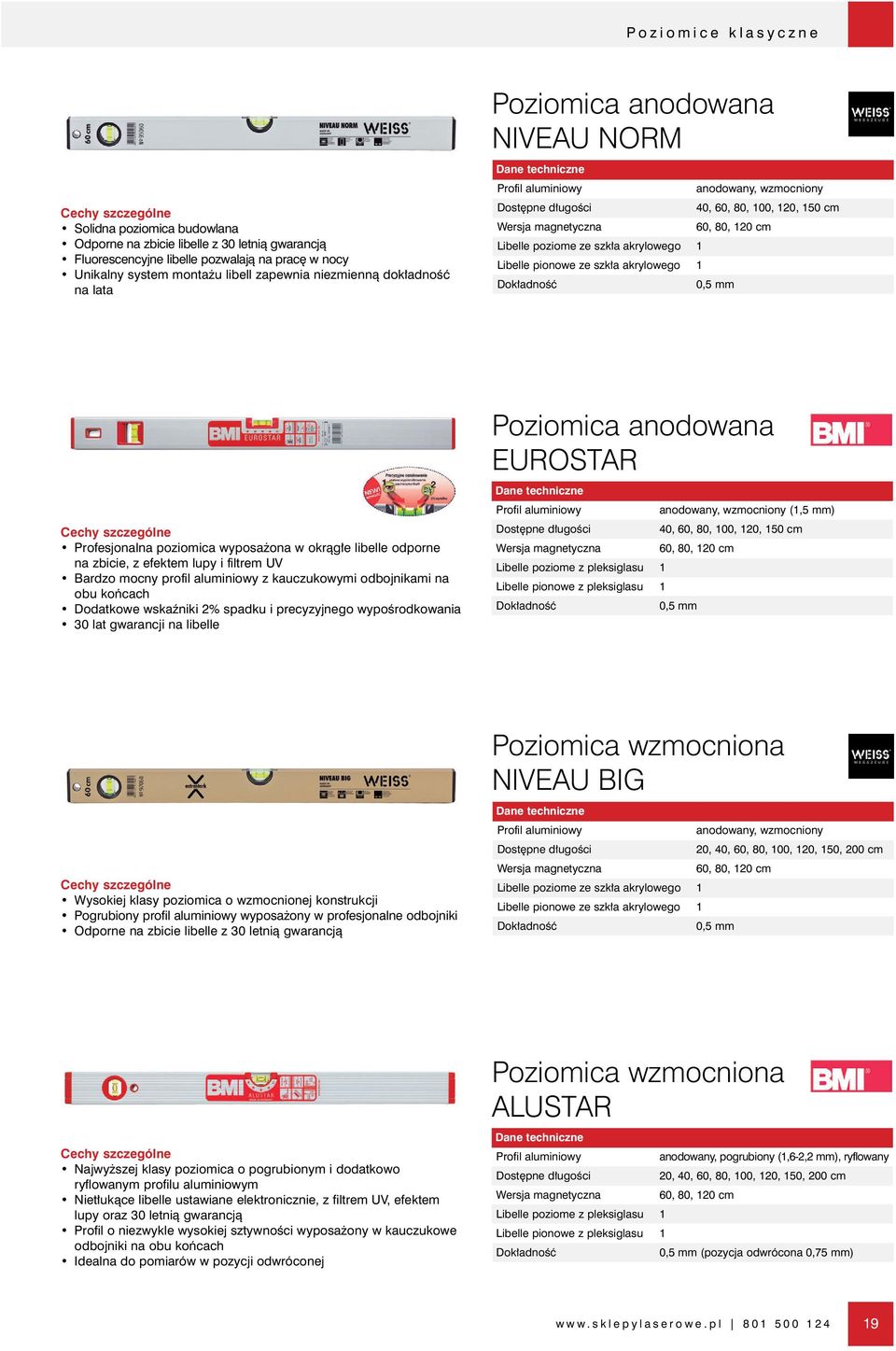 akrylowego 1 Libelle pionowe ze szk a akrylowego 1 Dok adnoêç 0,5 mm Profesjonalna poziomica wyposa ona w okràg e libelle odporne na zbicie, z efektem lupy i filtrem UV Bardzo mocny profil aluminiowy