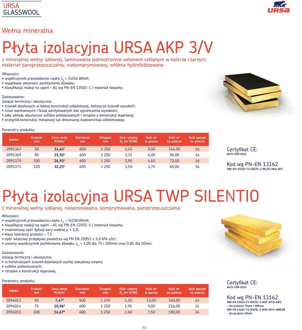 = 0,034 W/mK; wyjątkowe własności pochłaniania dźwięku; ścianek działowych w lekkiej konstrukcji szkieletowej, zwłaszcza ścianek wysokich; ścian warstwowych i fasad wentylowanych bez ograniczenia