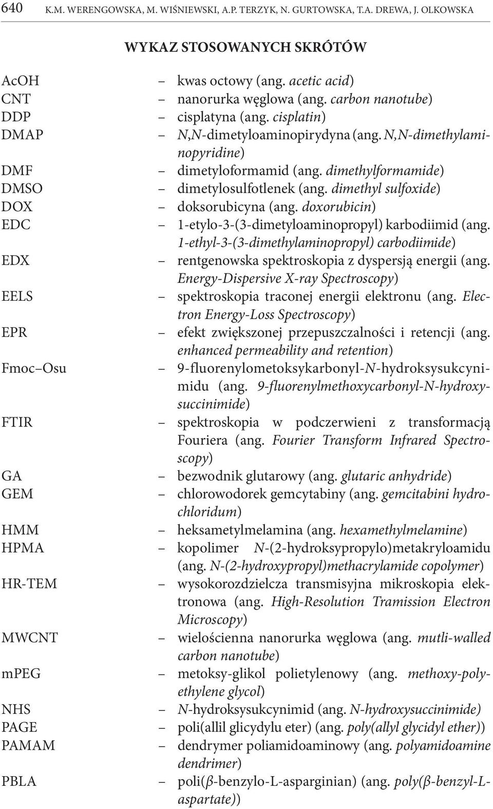 dimethyl sulfoxide) DOX doksorubicyna (ang. doxorubicin) EDC 1-etylo-3-(3-dimetyloaminopropyl) karbodiimid (ang.