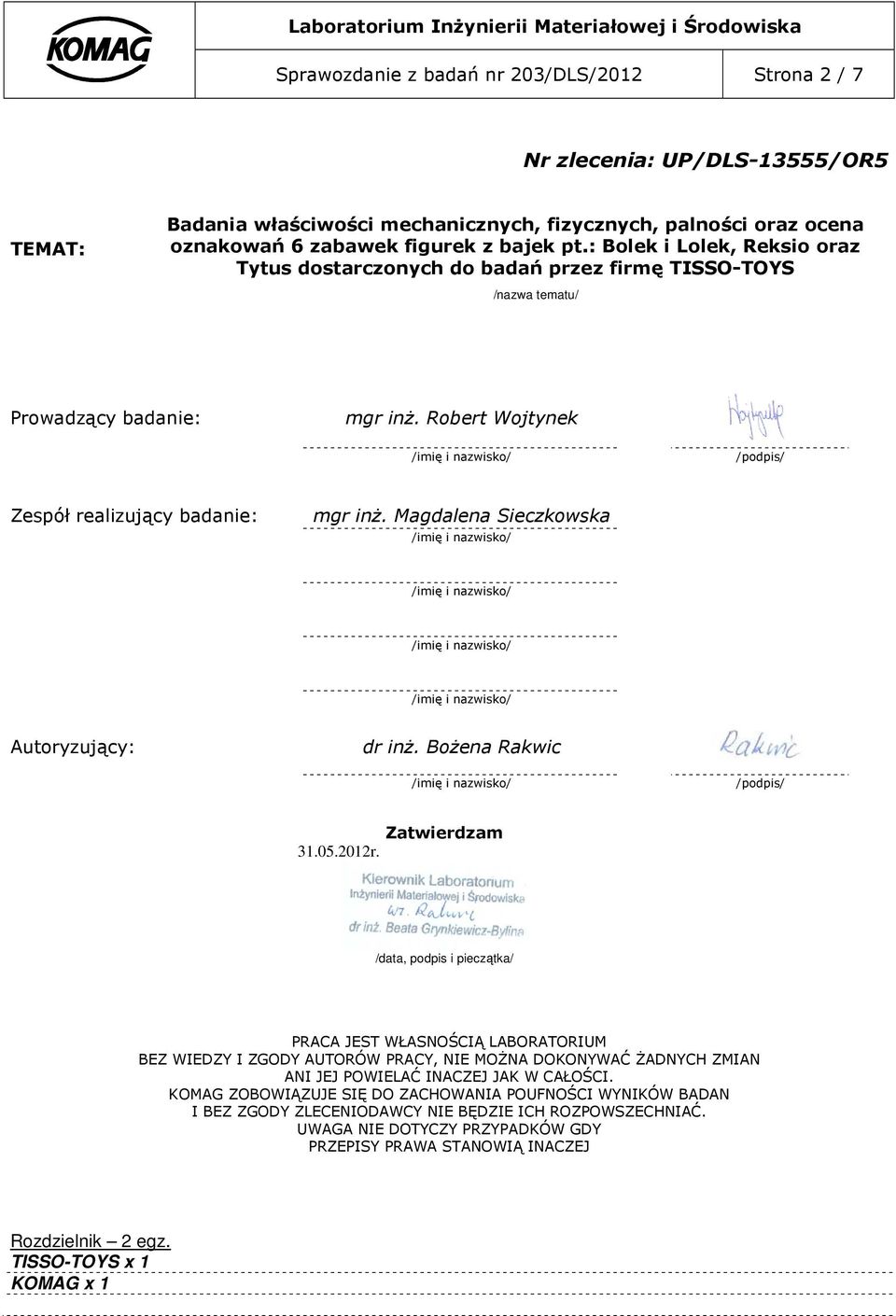 Magdalena Sieczkowska Autoryzujący: dr inż. Bożena Rakwic /podpis/ Zatwierdzam 31.05.2012r.