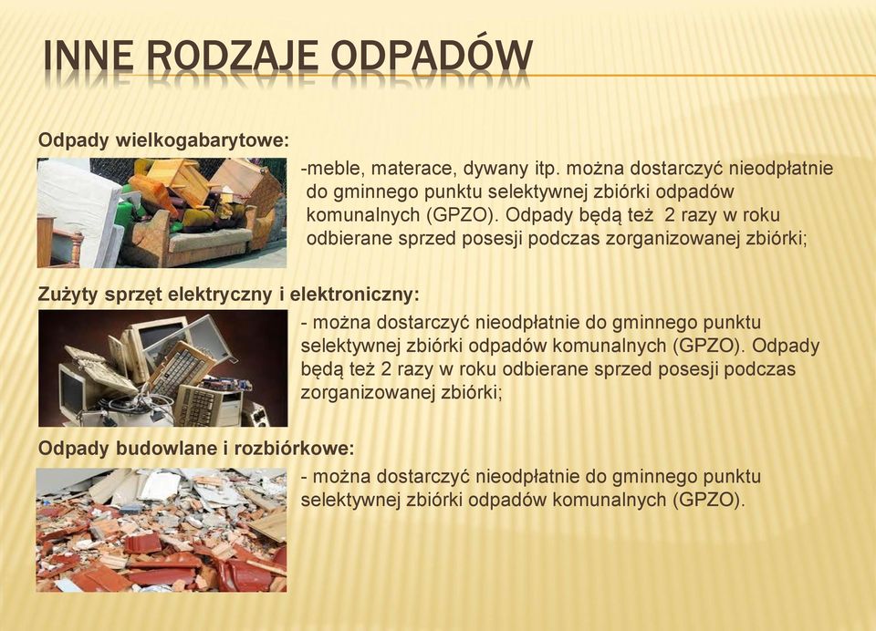 Odpady będą też 2 razy w roku odbierane sprzed posesji podczas zorganizowanej zbiórki; Zużyty sprzęt elektryczny i elektroniczny: -  Odpady będą też 2