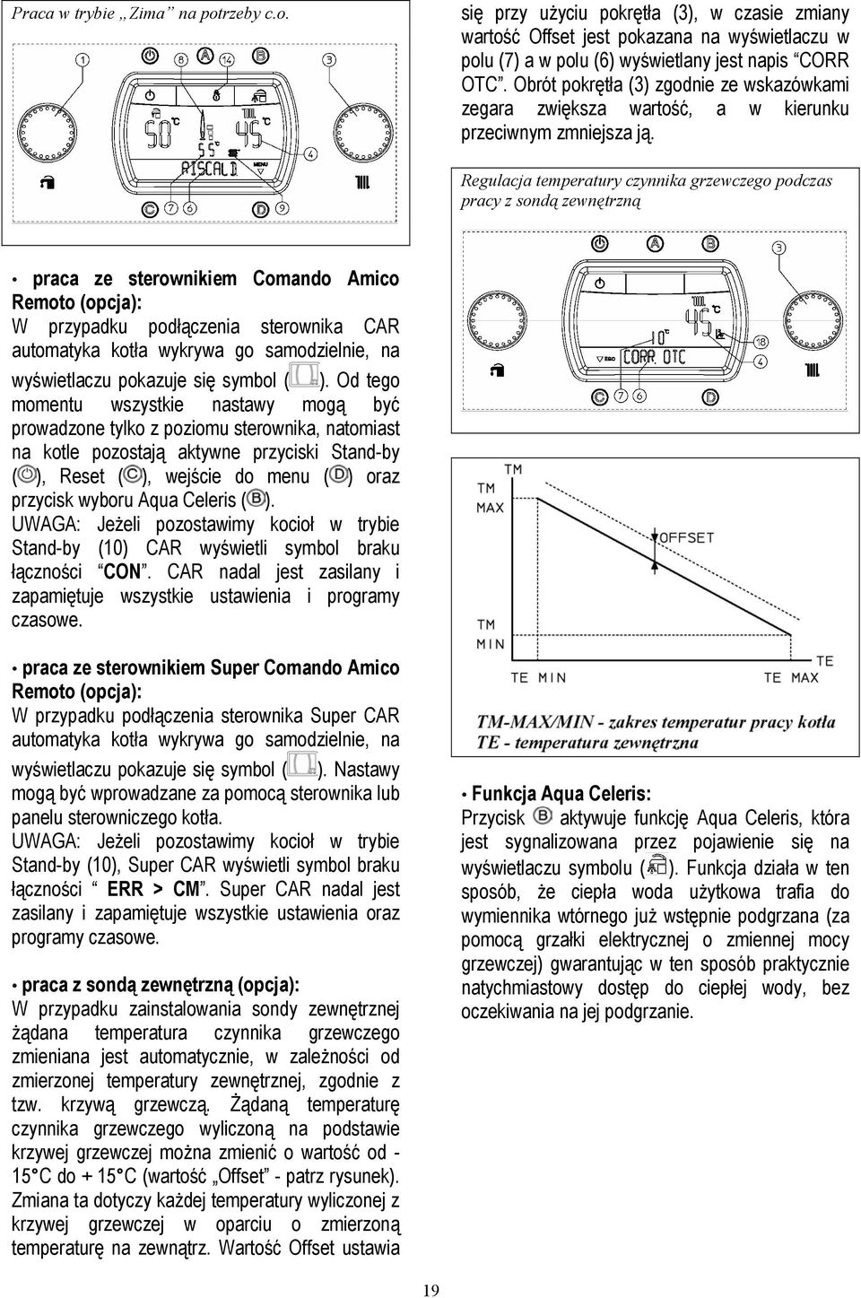 Regulacja temperatury czynnika grzewczego podczas pracy z sondą zewnętrzną praca ze sterownikiem Comando Amico Remoto (opcja): W przypadku podłączenia sterownika CAR automatyka kotła wykrywa go