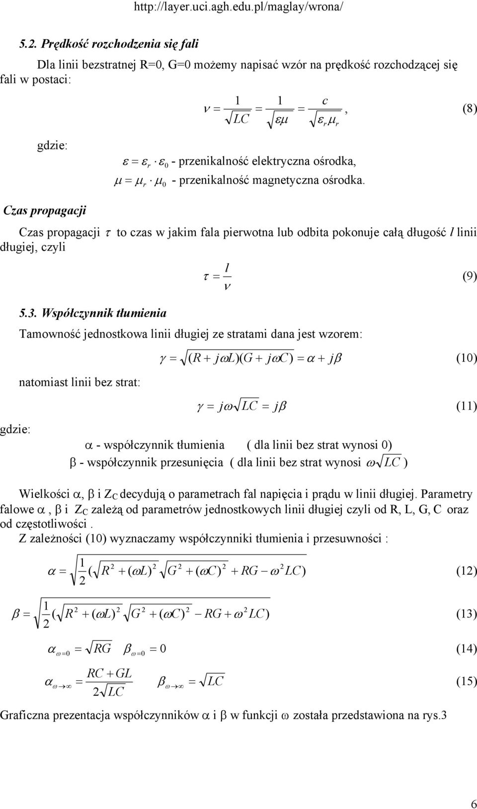 Współczynnik łumienia Tamowność jednoskowa linii dłuiej ze sraami dana jes wzorem: γ ( + jωl)( G + jωc) α + jβ () naomias linii bez sra: dzie: γ j ω LC α - współczynnik łumienia ( dla linii bez sra